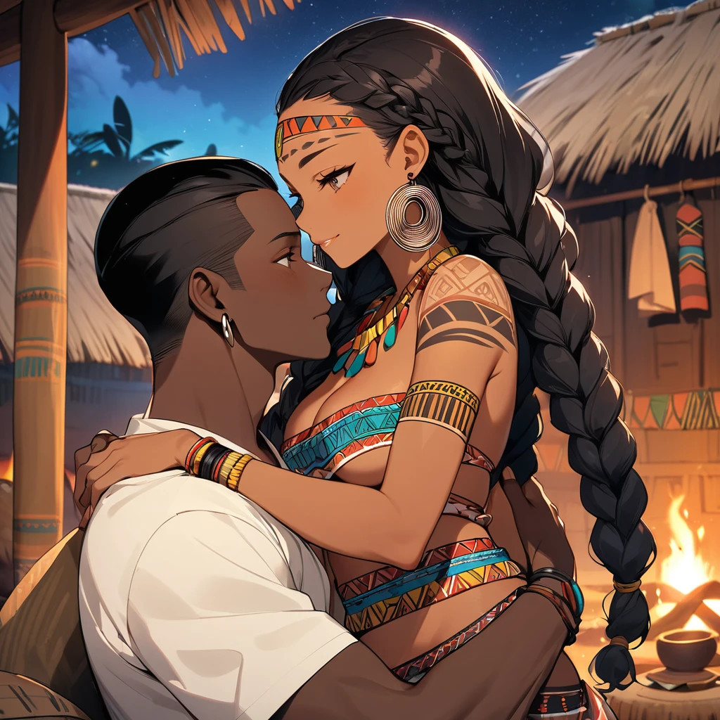 ((Highest quality)), ((masterpiece)), (detailed), (Perfect Face)、The woman, with her vibrant dark skin, is happily nestled next to her husband, a man from the tribe.、(Ghana braids with strong curly hair slicked back)、Black, dark skinned, African native tribal woman、The amount of hair is small、Black Hair、Very short curly hair、Ghana braid hair, finely and delicately braided into Ghana braids and slicked back、A black African woman with braided hair, low volume, tribal earrings and tribal accessories, beautifully dressed and wearing tribal makeup、A beautiful tribal woman with tattoos all over her body、Women in tribal village night rituals、The woman's hair is dyed black by the other women in the village and styled like an African woman's.