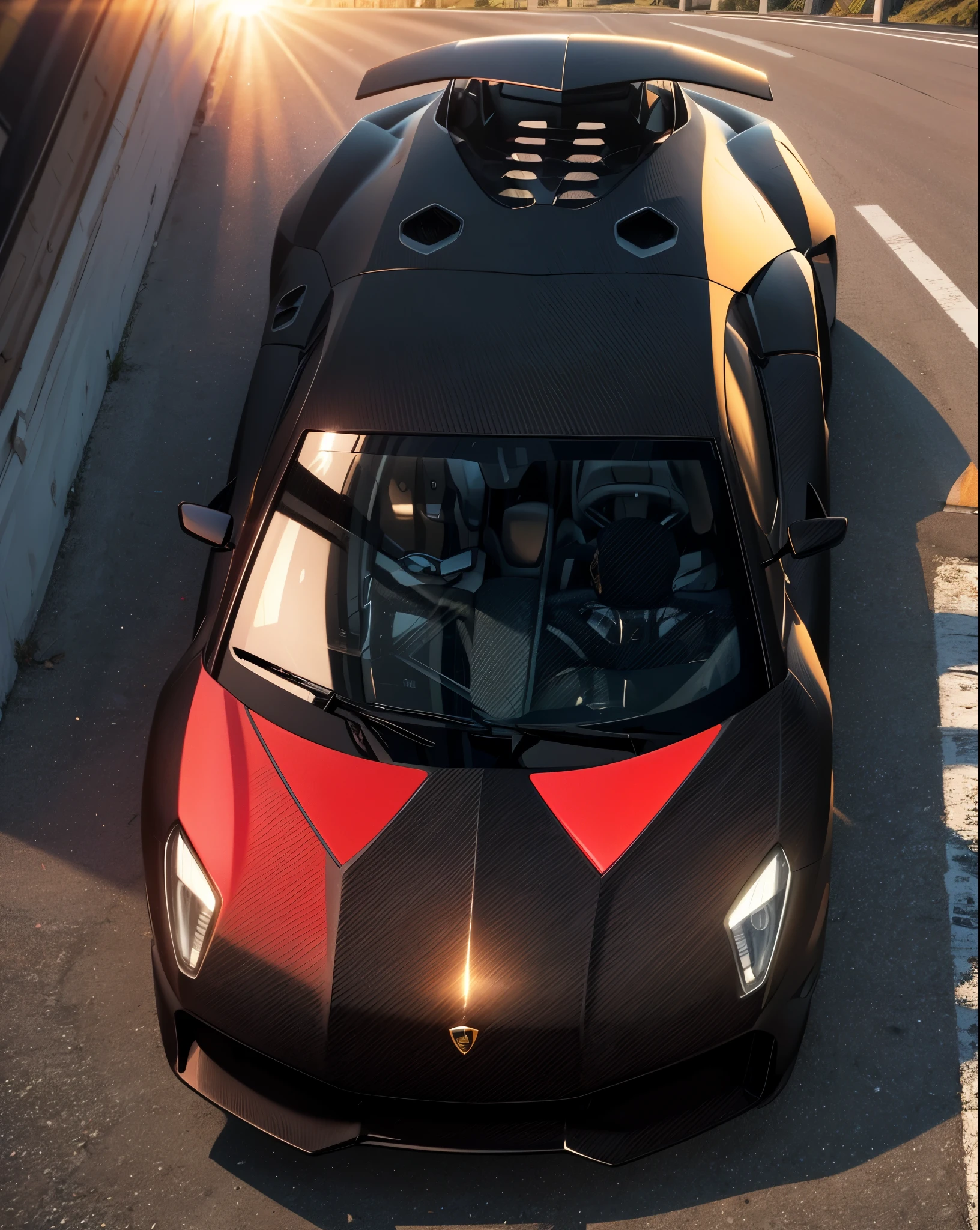 Make a lamborghini model sesto elemento black and red, towards sunset while driving on a mountain road