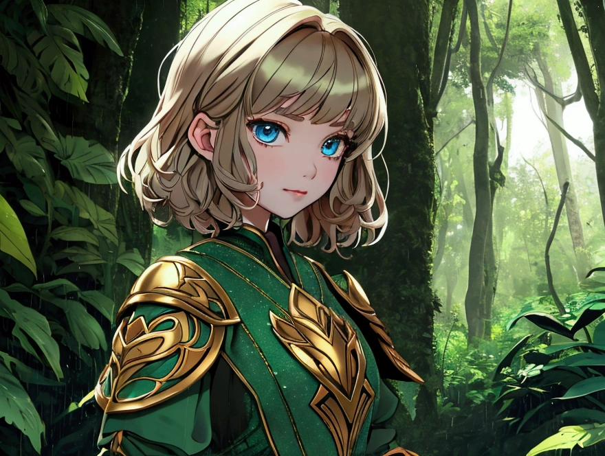 A young girl with short brown fluffy hair, pale skin, wearing a verdant green armor dress, has beautiful blue eyes, Deep jungle like setting, raining softly
