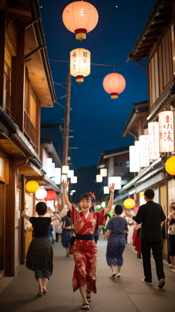 Night festival, drumming in the turret, Many red lanterns line up from the turret and shine red, a group of people wearing yukata singing Bon Odori songs, wearing a blue yukata, quiet dancing Japanese dance with their hands raised diagonally upwards, child 13 years old, one beautiful girl, very cute, long legs and slender , rich body