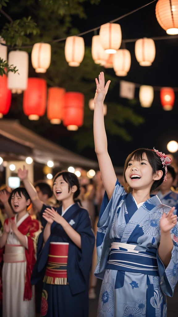 Night festival, drumming in the turret, Many red lanterns line up from the turret and shine red, a group of people wearing yukata singing Bon Odori songs, wearing a blue yukata, quiet dancing Japanese dance with their hands raised diagonally upwards, , one beautiful girl, very cute, long legs and slender , rich body