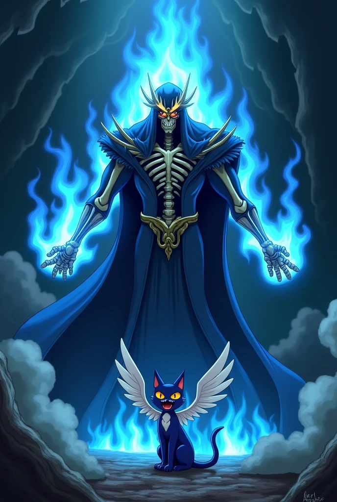 Create a picture with 2 characters on it One Hades from the Disney cartoon and one Happy from the anime fairytail They should look like in their own series or films 