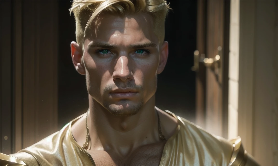 [((highly detailed, detailed eyes, detailed face, clear and realistic facial features, photorealistic, realistic light, cinematic)), (1 man), Gorgeous and sexy and powerful masculine male angel with large wings, ((short blond hair, green eyes)), ((35 years old)), ((wearing flattering angelic clothes)), (((aura of divine power))), standing in a cozy apartment at nighttime, ((light blush)), (((wearing an indignant expression)))]