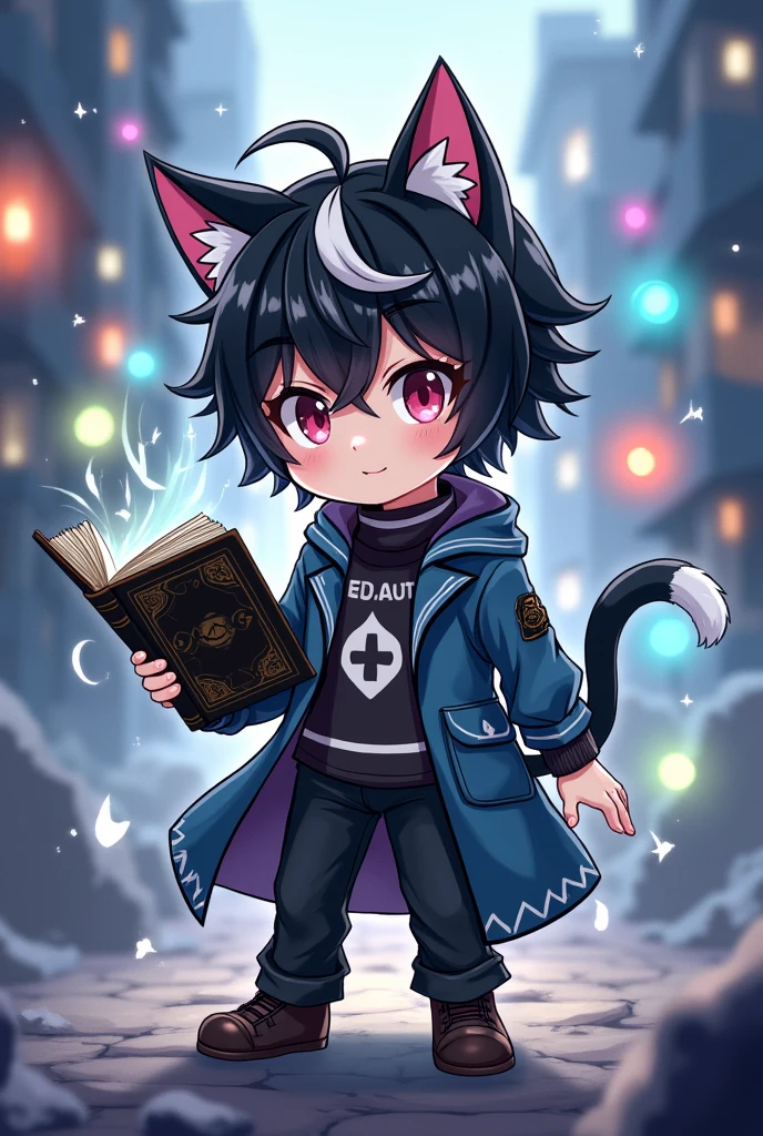 Anime figure of a boy with cat ears, jacket!!!!!, Anime moe art style, demon slayer rui fanart, chibi!!! Kitten, Chibi Anime Boy, black-haired wizard with white streaks and black open magic book with decorations in one hand, Anime-Chibi, anime Kitten, Mihoyo art style, advanced digital chibi art, chibi art, black and white clothes, Several magical circles in different colors fly around the boy, background destroyed city