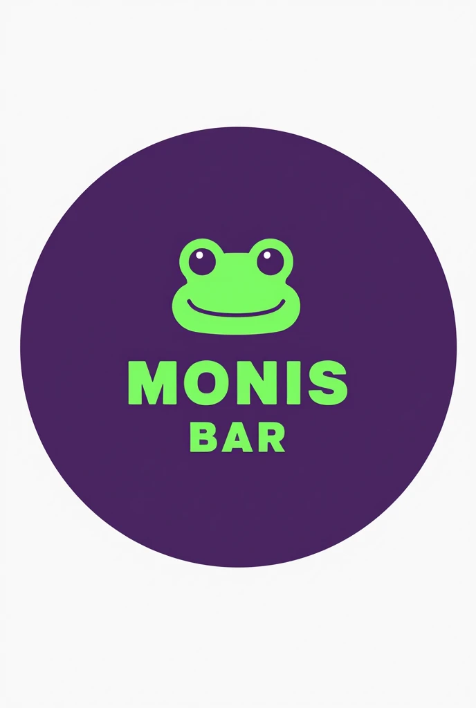 Logo for a company, circular, bar category , the purple background, name of the bar (MONIS BAR) the letter in green color, with a frog-shaped icon 