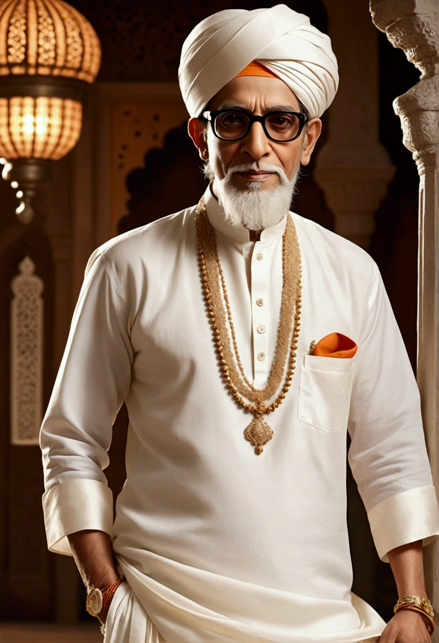 
"Create an image of a man with the iconic features of Bal Thackeray, dressed in his traditional attire (white dhoti and kurta) but styled in a traditional Muslim fashion, including a taqiyah (cap) and a shawl. The setting should reflect a blend of both cultures, merging Thackeray's distinctive style with traditional Muslim elements, while maintaining respect for both cultural identities."