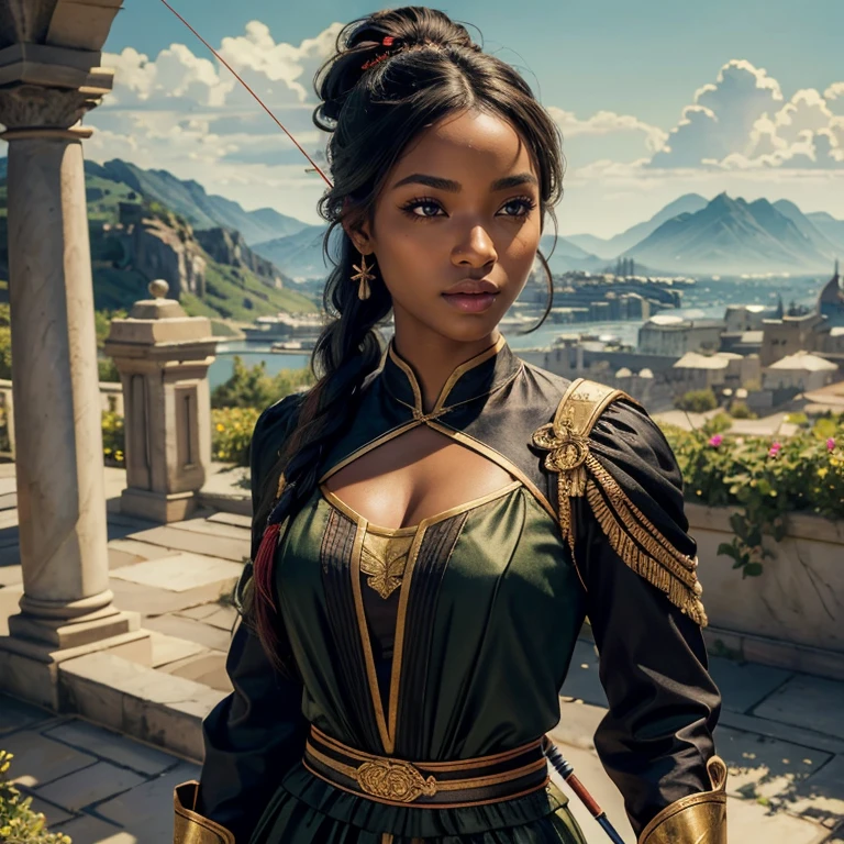 (​masterpiece, best quality:1.5), highest quality, High resolution, super detailed, Realists, Upper body photo of a black female archer, black skin, detailed and beautiful eyes, beautiful detailed lips, very detailed eyes and face, longeyelashes, Archer in long dress made of shiny pink satin, Simple details in the fabric. Beautiful and colorful makeup, open hair, Gardens as background, bright daylight, bright colors, fine brushstrokes, Portrait style, beautiful color palette, glowing skin, First-class rendering, that captures every detail, enchanting atmosphere, (perfect anatomy:1.2), (The stunning archer holds a bow.  (magnificent panorama view:1.2)