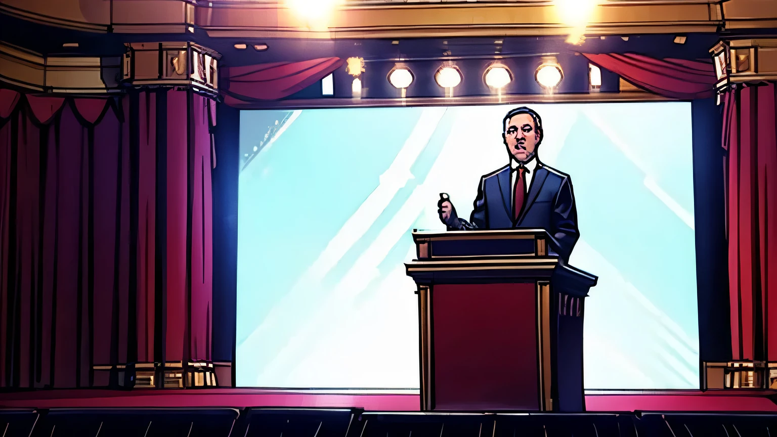 speech pulpit, empty stage with backdrop, political scene background, interview