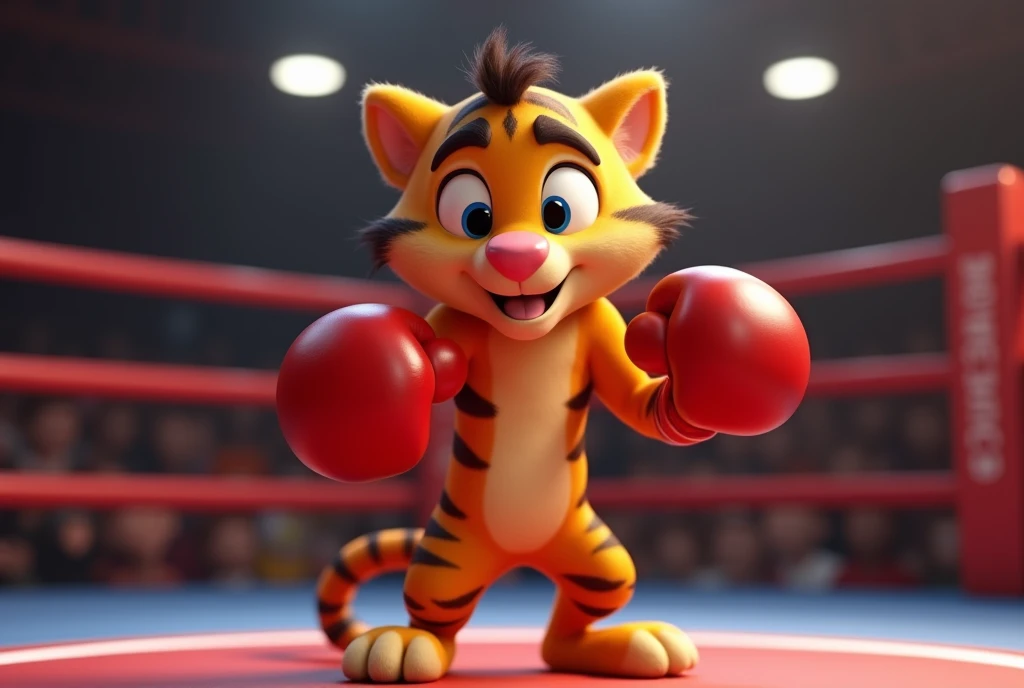 a close up of a cartoon cat standing in a boxing ring, 3 d animated movie, tony the tiger, new cats movie, animated movie shot, posing ready for a fight, in a fighting pose, frame from pixar movie, posing for a fight intricate, in a boxing ring, video game cutscene, animated movie scene, boxing stance, in a fighting stance