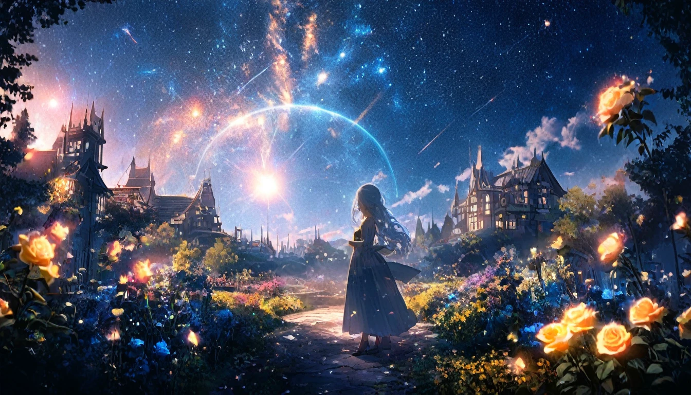 masterpiece, Concept Art, Panorama, in the center, shape, Wide Shot, garden, night, (meteor), Space galaxy background, (Great composition, Epic Scale), Dynamic Lighting, Bright colors, Blue rose,Landscape Long Eyelashes, Round eyes, Silver Hair, Half-closed eyes, sad, Cast a Shadow, Anaglyph, Stereogram, tachi-e, Atmospheric perspective, Wide Shot, reflected light, 8k, Super Detail, Highest quality, Anatomically correct, yellow