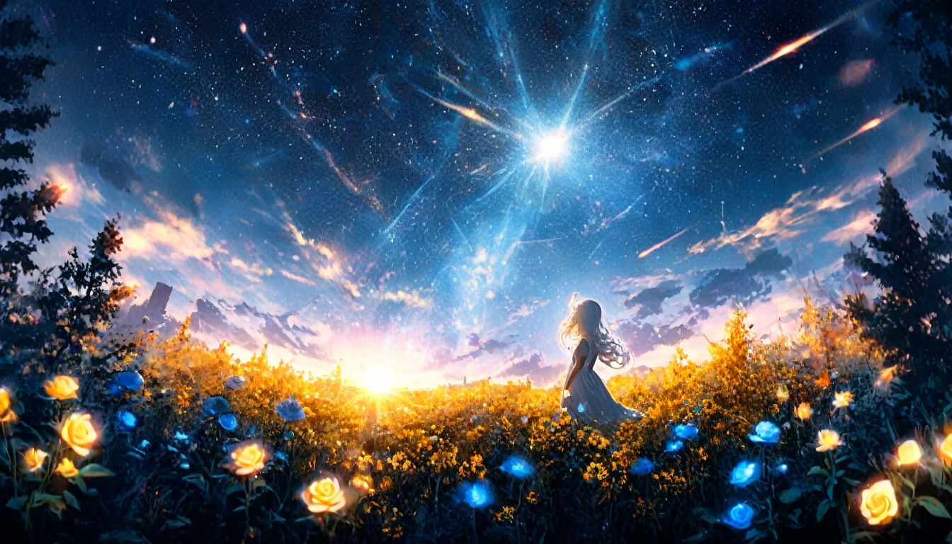 masterpiece, Concept Art, Panorama, in the center, shape, Wide Shot, garden, night, (meteor), Space galaxy background, (Great composition, Epic Scale), Dynamic Lighting, Bright colors, Blue rose,Landscape Long Eyelashes, Round eyes, Silver Hair, Half-closed eyes, sad, Cast a Shadow, Anaglyph, Stereogram, tachi-e, Atmospheric perspective, Wide Shot, reflected light, 8k, Super Detail, Highest quality, Anatomically correct, yellow