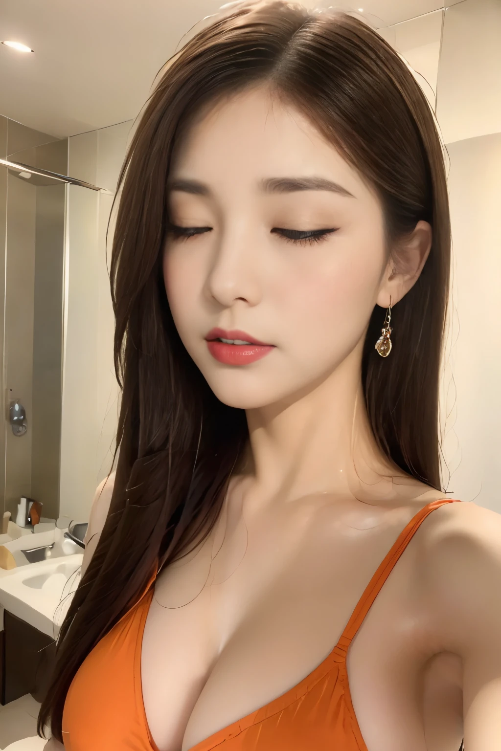 ((Highest quality, 8k, masterpiece: 1.3)), concentrated: 1.2, Perfect beauty: 1.6, Astock: 1.3, (Straight Hairstyles), (Orange One Piece), (night, shower room), Highly detailed face and skin texture, Narrow eyes, double eyelid, Whitening skin, Long Hair, ((close your eyes:1.3)),look up,Shut your mouth., Detailed eye makeup,Highly detailed eye texture,Very close,Deep Red Lipstick,Big Breasts:1.3,Saggy breasts