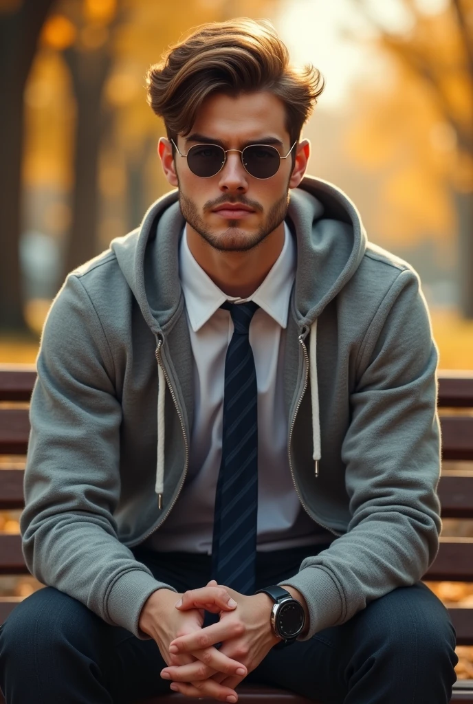 (photorealism:1.2), handsome college anime man, wearing faith colleges uniform with sun glasses sitting on school bench, wearing hoodie, warm lighting,  relaxed pose, realistic, intricate details by Greg Rutkowski, by Alphonse Mucha
