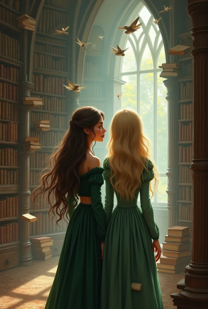 Two best friends in an old library dating back to the Middle Ages. A brunette with long hair and brown tips, medium dark skin, mole on the chin just below the mouth and mole near the nose, the two on the left side. The other is blonde with brown hair roots., dressed in green, with period dresses. The two of them are holding books and the place looks magical, with flying books and fairies