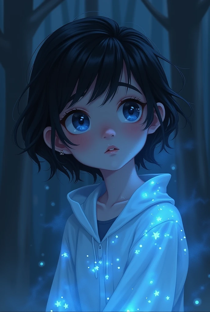 character that acts like a ghost is called nebula and is cute, has black hair and is tender, not realistic