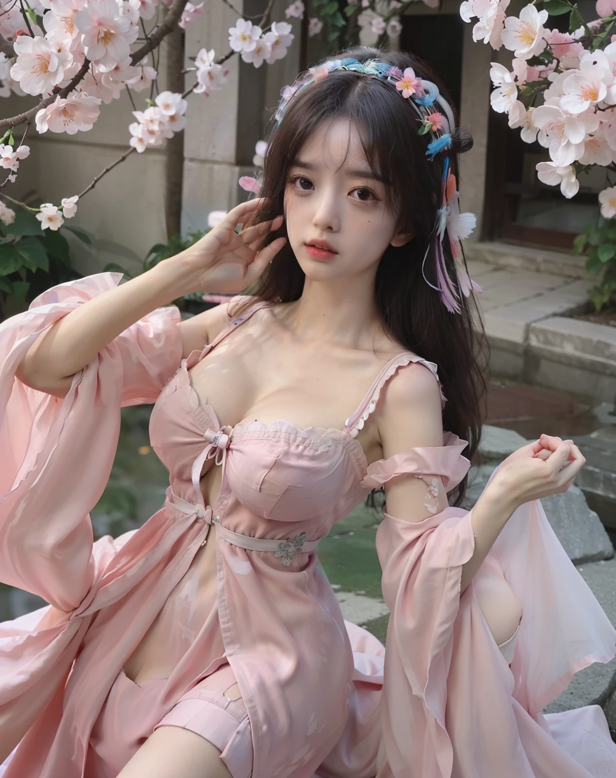 (8k, RAW photo:1.2), best quality, ultra high res,dramatic angle,(fluttered detailed color splashs), (illustration),(((1 girl))),(long hair),(rain:0.9), (Headdress:1.4),There is an ancient palace beside the girl,Hanfu,(Key Points),Color ink painting,(Splash of Color),Splash of Color,(((colorful))),(sketch:0.8) , Masterpiece, best quality, beautiful painted, highly detailed,(denoising:0.6),[splash ink],((ink refraction)), (beautiful detailed sky),moon,highly,detaild,(masterpiece, best quality, extremely detailed） CG Unity 8k Wallpaper，masterpiece，best quality，Ultra Detailed），（Lycoris）. hanfu open v open V-chested clothes Thin silk lace dress , (huge ，cleavage),, white pink and gren，best qualtiy，tmasterpiece，Ultra-high resolution，（Reality：1.4），RAW photogr，（True skin texture：1.3），（filmgrain：1.3），（Selfie angle），1个Giant Breast Girl，Beautiful eye and face details，tmasterpiece，Best quality at best，，The chest more exposed， detailed hair, brap urple , detail 8k, upper body, lace petticoat