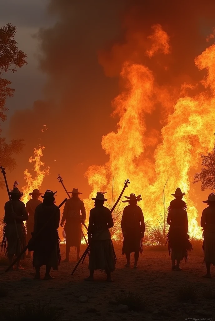 I need an image of the burning of villages that was used as a method of colonization by the Spanish on the indigenous people in which several indigenous people can be seen