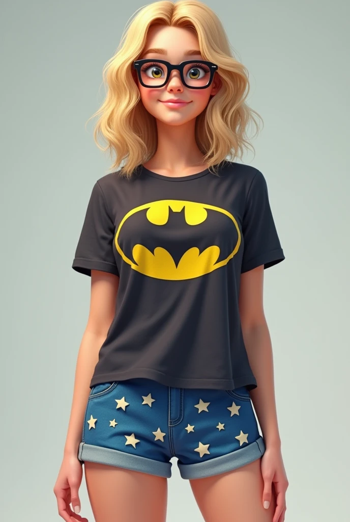 Woman blonde hair glasses Batman shirt blue star shorts