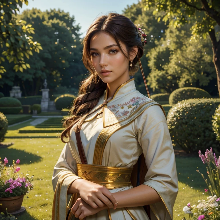(​masterpiece, best quality:1.5), highest quality, High resolution, super detailed, Realists, Upper body photo of a brunette archer, detailed and beautiful eyes, beautiful detailed lips, very detailed eyes and face, longeyelashes, Archer in dress, Elegant details in the fabric. Beautiful and colorful makeup, ponytail hairstyle, Gardens as background, bright daylight, bright colors, fine brushstrokes, Portrait style, beautiful color palette, glowing skin, First-class rendering, that captures every detail, enchanting atmosphere, (perfect anatomy:1.2), (The stunning archer holds a bow.  (magnificent panorama view:1.2)