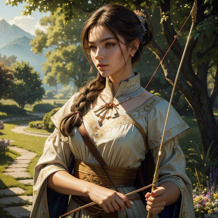 (​masterpiece, best quality:1.5), highest quality, High resolution, super detailed, Realists, Upper body photo of a brunette archer, detailed and beautiful eyes, beautiful detailed lips, very detailed eyes and face, longeyelashes, Archer in dress, Elegant details in the fabric. Beautiful and colorful makeup, ponytail hairstyle, Gardens as background, bright daylight, bright colors, fine brushstrokes, Portrait style, beautiful color palette, glowing skin, First-class rendering, that captures every detail, enchanting atmosphere, (perfect ???????:1.2), (The stunning archer holds a bow.  (magnificent panorama view:1.2)