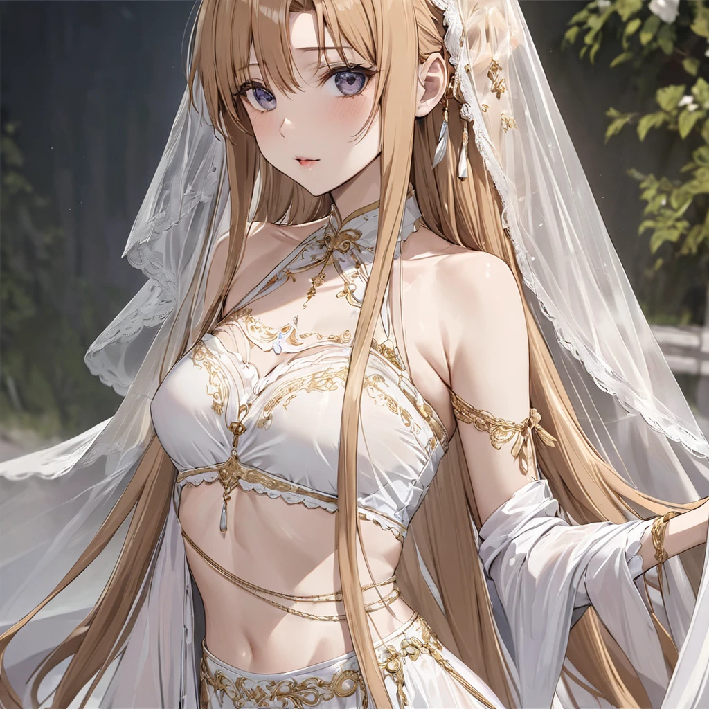 ((Highest quality)), ((masterpiece)), (detailed), （Perfect Face）、The woman has completely white skin and is wearing a creepy clown mask.、The woman is Yuuki Asuna, with light brown, medium-long hair, wearing a completely transparent outfit with gorgeous gold embroidery and trim, a veil, a transparent cape, and gorgeous accessories.、The woman is not wearing a bra、The woman is not wearing underwear