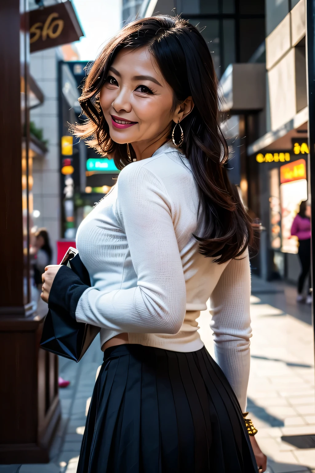 Pleated skirt 75 years old mother Mature Woman Chinese women Big earrings Realistic ゴージャスなマダム美しいMature Woman sexy smile Kind woman 8k High-quality shopping mall crowd shopper leotard Gymnast