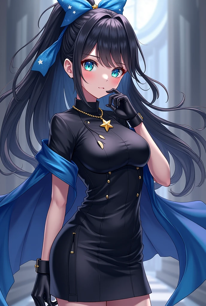 A female character in the style of the anime Demon Slayer who has long black hair loose with a ponytail on top with a blue bow with a yellow star. Her uniform is black and she wears a short-sleeved haori in the same shade of blue as the bow. She wears black gloves that expose her fingers and stylish boots. She also has a star necklace. Her eyes are light blue with stars.