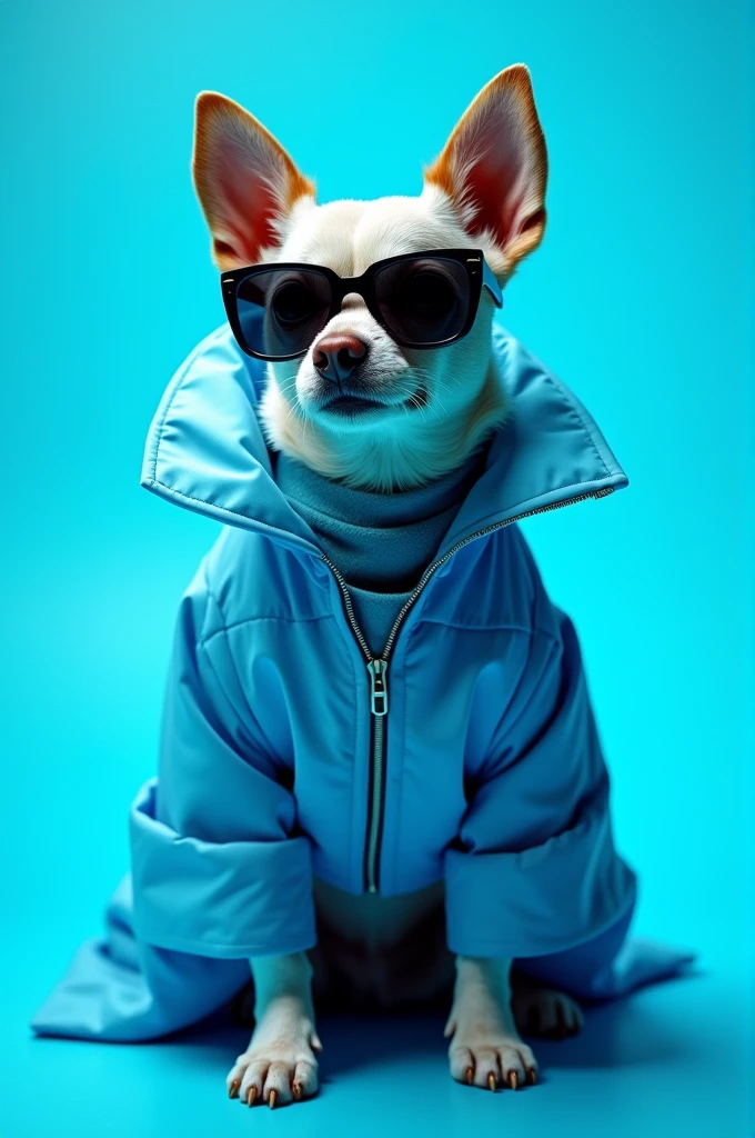 The best cell phone wallpaper, Award-Winning Wallpaper, portrait photography, In the front view is a portrait of a cute dog wearing mid-1960s space age fashion, Side view photo, Shot with Canon EOS R5, Set a strong contrast that accentuates the subject, Fluorescent blue tone, Wearing a very modern coat and sunglasses is a modern 1960s style, Clothes all in one color, beautiful background