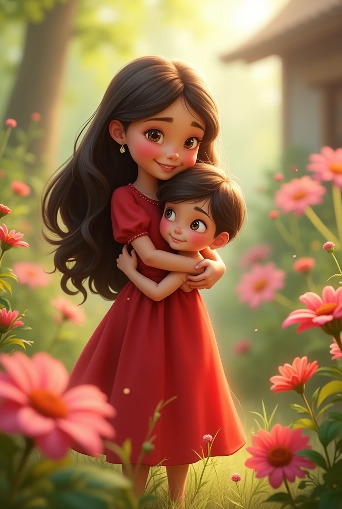 The girl in the red dress hugs the little boy in the flower garden.