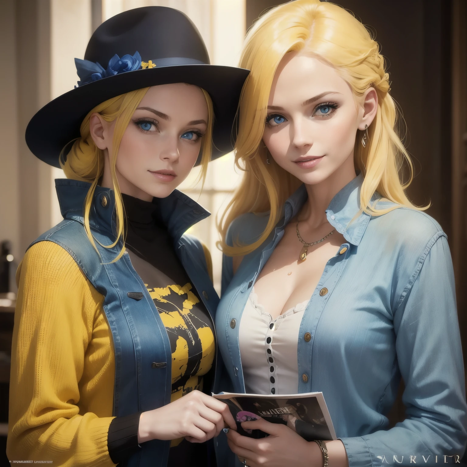 A mother and daughter yellow hair blue eyes on a magazine cover, vibrant colors, high-resolution, realistic portrayal, fashion-forward, loving bond, trendy attire, captivating smiles, natural beauty, professional lighting, contemporary style, artistic composition