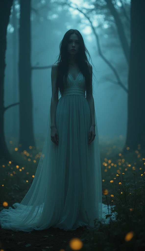 dark cinematic portrait of a model in a sheer, flowing gown, standing in a moonlit forest with mist and glowing fireflies, directed by David Lynch, captured on a Hasselblad H6D, with soft, diffused lighting and a mysterious, ethereal atmosphere