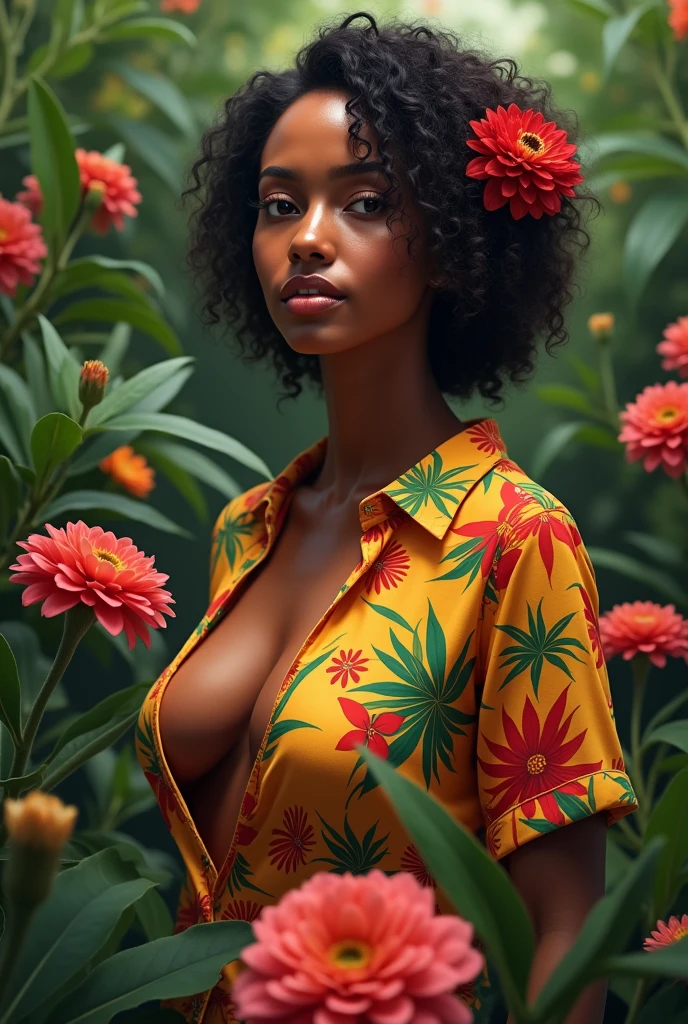 An Angolan woman in a lush tropical garden, wearing an open shirt with a floral print, with a close-up capturing the harmonious beauty between her breasts and the natural flowers, showing off your natural charm and outgoing personality.