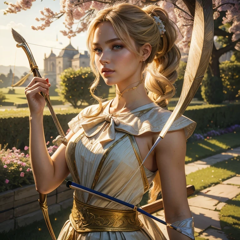 (masterpiece, best quality:1.5), highest quality, High resolution, super detailed, Realists, Upper body photo of a blonde archer, detailed and beautiful eyes, beautiful detailed lips, very detailed eyes and face, longeyelashes, Archer in dress, Elegant details in the fabric. Beautiful and colorful makeup, ponytail hairstyle, Gardens as background, bright daylight, bright colors, fine brushstrokes, Portrait style, beautiful color palette, glowing skin, First-class rendering, that captures every detail, enchanting atmosphere, (perfect anatomy:1.2), (The stunning archer holds a bow. (magnificent panorama view:1.2)