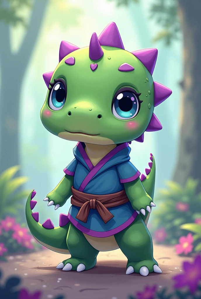 Cute kawaii girly NINJA outfit dinosaur in apple green with purple crests and spots with blue-green eyes WITH BIG legs like yoshii and cute background