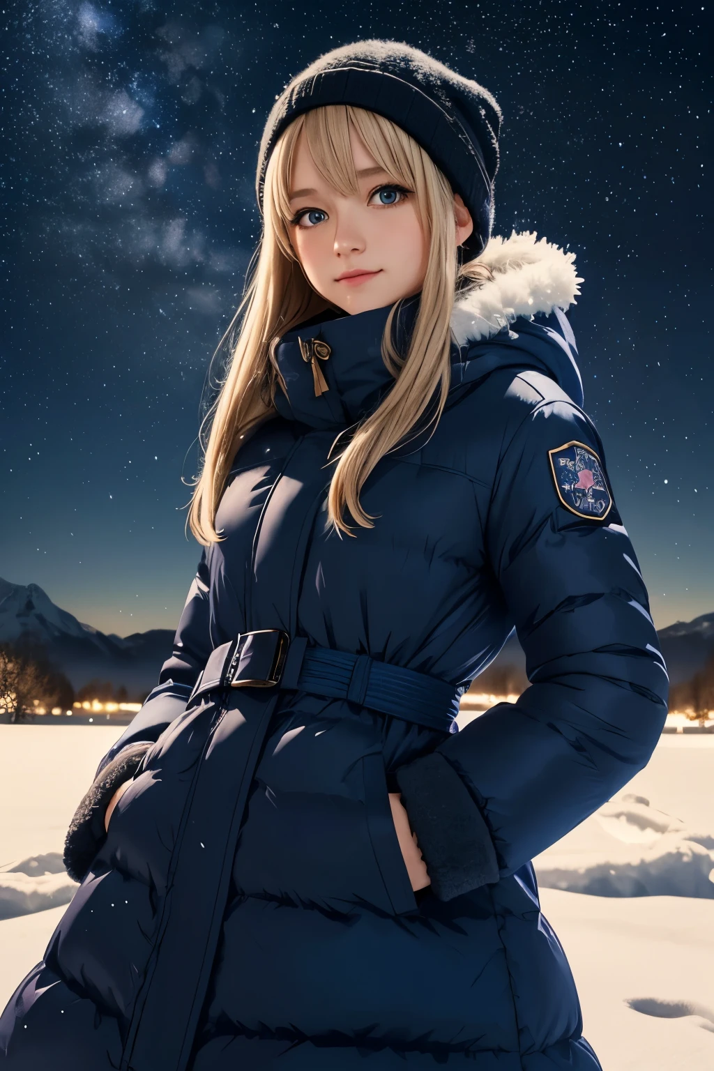 anime girl in winter coat standing in snow with stars in background, cute anime girl, anime moe artstyle, anime visual of a cute girl, (anime girl), anime style portrait, beautiful anime girl, anime best girl, anime wallaper, cute anime girl portrait, in the snow, anime style 4 k, cute anime girl portraits, pretty anime girlhills night sky. winter, winter colors, winter landscape, sky with stars, sky colors prussian blue cobalt blue purple cyan. planets, bright stars, shooting stars, windblown treetops moved by the wind, a beautiful blonde girl in winter clothes observes the starry sky with a dreamy look.