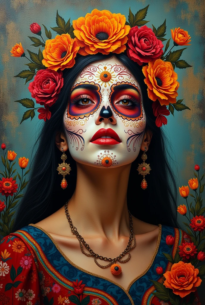 An oil painting of a woman with an allusion to the Day of the Dead of the Purepecha culture