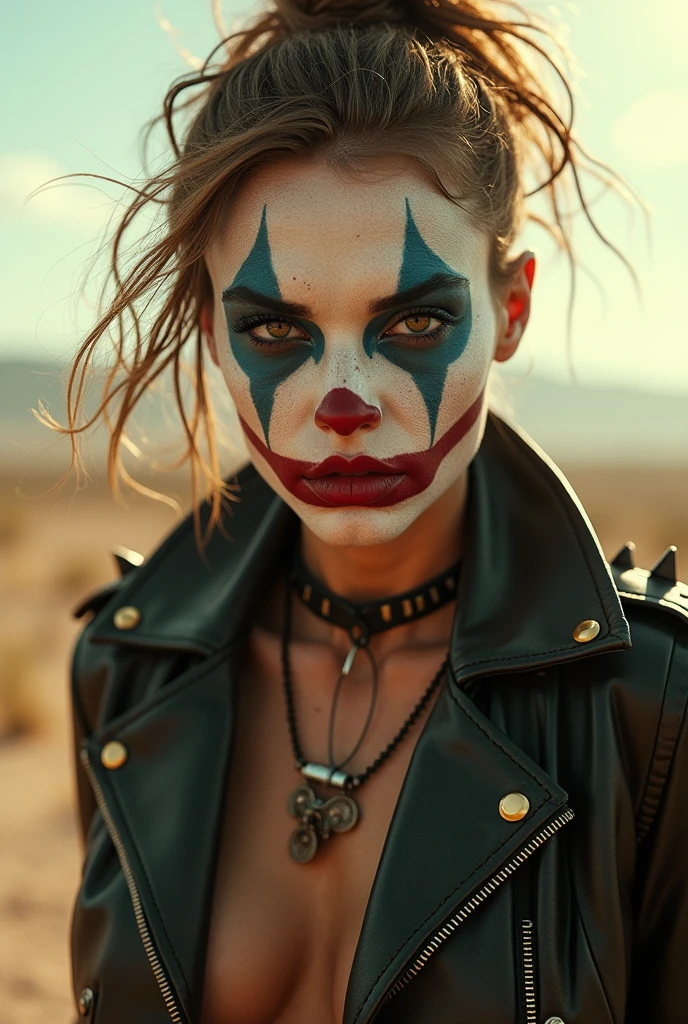 dystopian style A 22 year old woman, leather outfit with spikes, smeared clown makeup, skinny, athletic, dirty, glaring at you,white makeup in the style of 'Mad Max - Fury Road' directed by George Miller, desolate landscapes, gritty vehicles, fiery explosions, post-apocalyptic chaos, dust storms, brutal survival, high-octane action, wasteland warriors, vehicular combat, dystopian fashion, war-torn world, rugged vehicles . bleak, post-apocalyptic, somber, dramatic, highly detailed, embedding:EZRealPONYXL,
