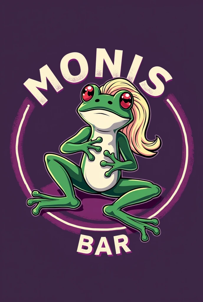 logo for a bar in a circle , what say (MONIS BAR) purple with a frog and a blonde doll