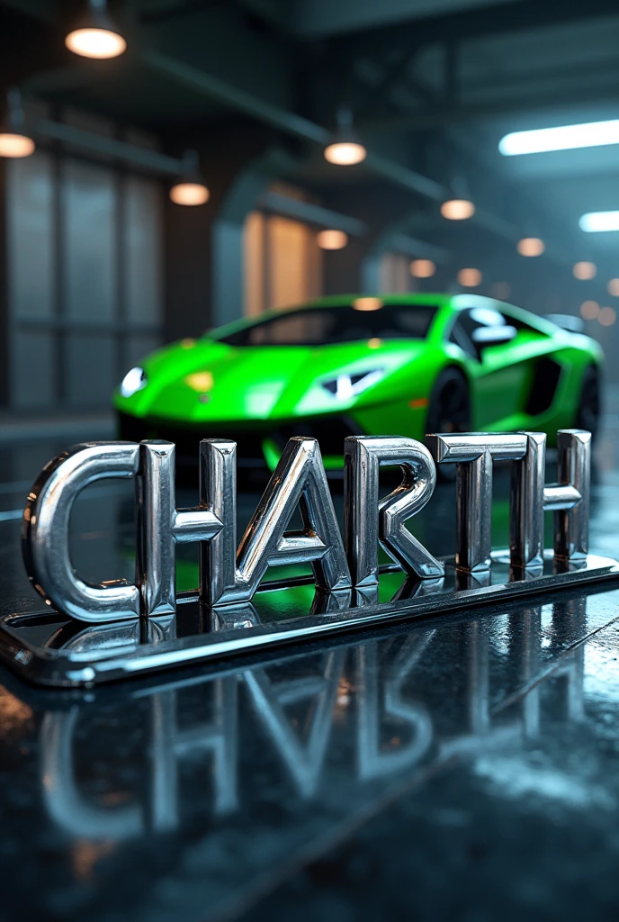 Create an image with the word CHARTH in silver tech letters and a green Lamborghini Venom in the background