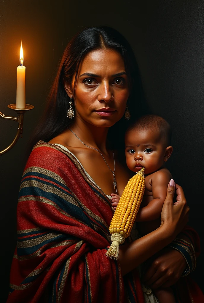 masterpiece, realist, Eugene Delacroix, Baroque, high contrast, Mexican Rarámuri indigenous woman, with Mexican woven shawl,breastfeeding her baby, and held a corn cob, illuminated by a candle, shocking look, warm tones, dark background, Rembrandt, Delacroix,