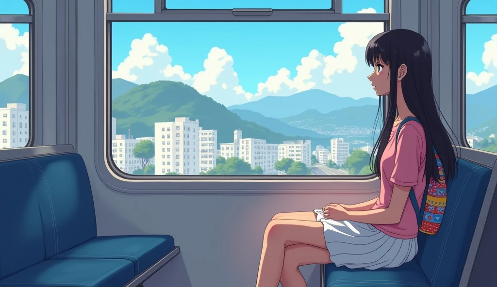 a young woman, with long dark hair, dressed in a pink blouse and a white skirt,with a colorful backpack, sitting on the subway chair, watching the white buildings of Cali and the mountains,through the window melancholic and contemplative atmosphere, japanese animation style, soft lines and pastel colors,