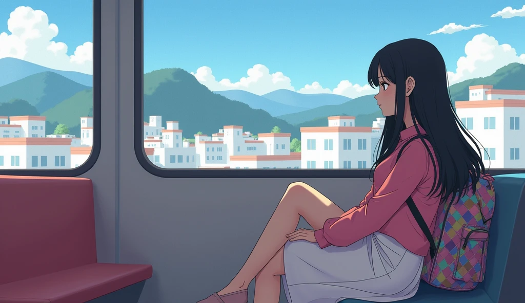 a young woman, with long dark hair, dressed in a pink blouse and a white skirt,with a colorful backpack, sitting on the subway chair, watching the white buildings of Cali and the mountains,through the window melancholic and contemplative atmosphere, japanese animation style, soft lines and pastel colors,
