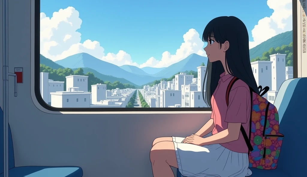 a young woman, with long dark hair, dressed in a pink blouse and a white skirt,with a colorful backpack, sitting on the subway chair, watching the white buildings of Cali and the mountains,through the window melancholic and contemplative atmosphere, japanese animation style, soft lines and pastel colors,