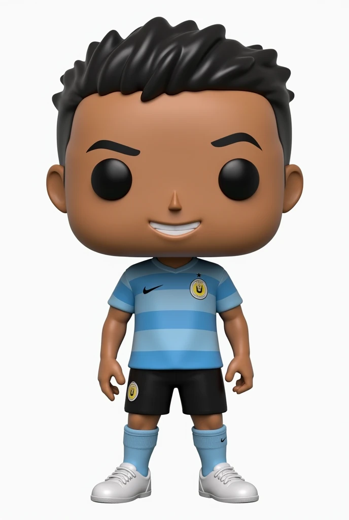 Funko figure of a boy, smiling, called shannon, dressed in the Uruguayan national team jersey, some black shorts, white sneakers, for the,and funko comes in a box with the name fuser