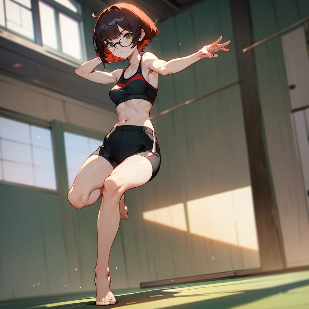 A tall young woman, athletic, toned, with a white skin, with some tatooes, red short hair with a fringe, green eyes, black glasses, a black sport bra and black sport shorts on, barefooted, full body picture, she's in a dojo