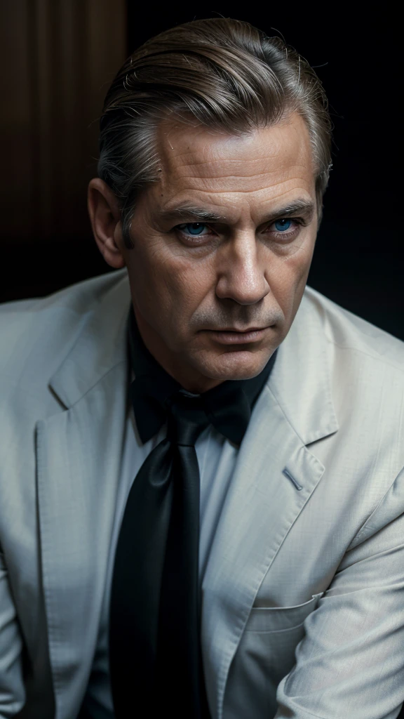 ((EPIC REALISM)), ((HIGH QUALITY IMAGE)), 1970s, Vintage, Photography, Solo, 1Man, European, German, Mature Man, Wrinkled Face, Inperfect Appearance, 50s Years Old, Short Hair, Blonde Slicked Back Hair, Blue Eyes, Serious Face, Wearing Black Suit, Black Tie.