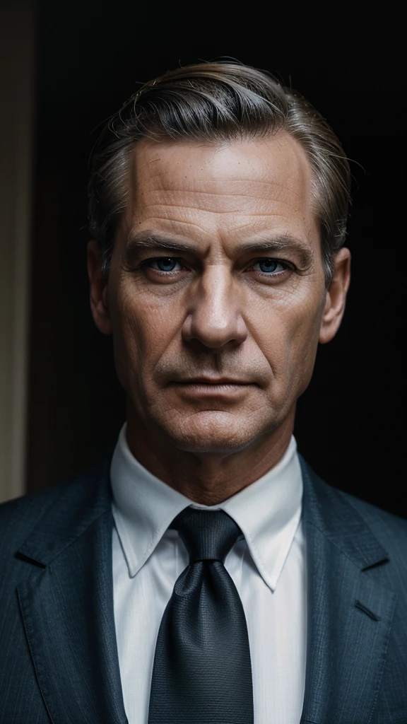 ((EPIC REALISM)), ((HIGH QUALITY IMAGE)), 1970s, Vintage, Photography, Solo, 1Man, European, German, Mature Man, Wrinkled Face, Inperfect Appearance, 50s Years Old, Short Hair, Blonde Slicked Back Hair, Blue Eyes, Serious Face, Wearing Black Suit, Black Tie.