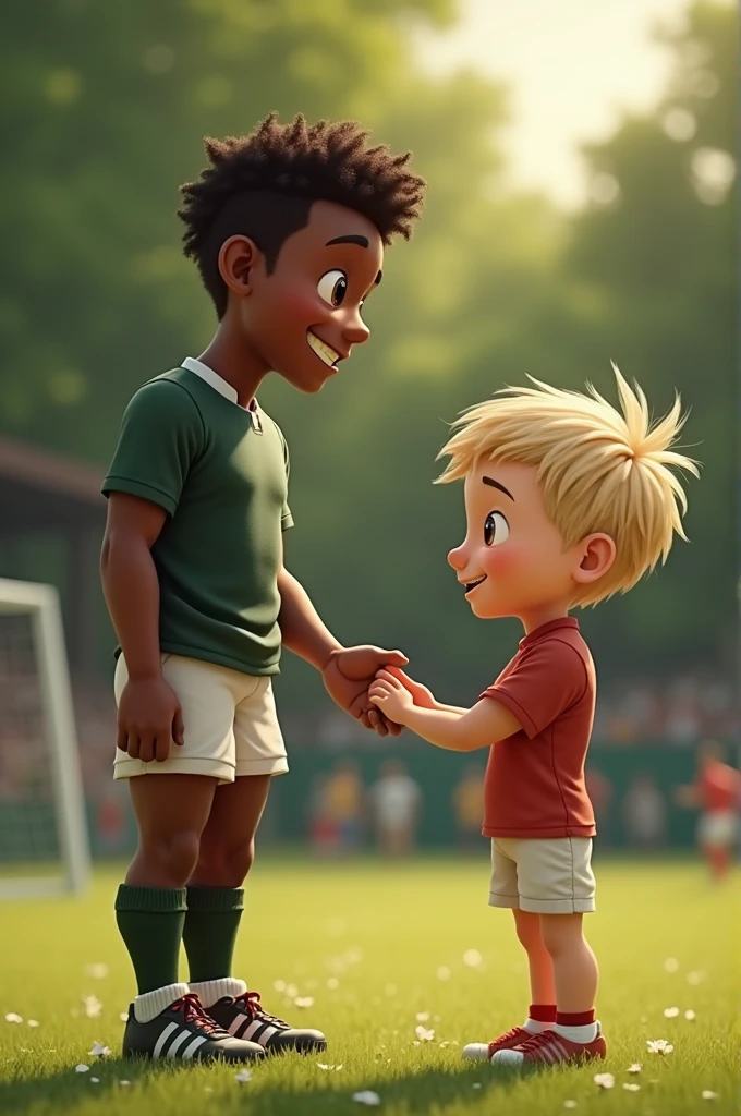 A cute, muscular young black rugby player meets a short, thin, blond white boy 