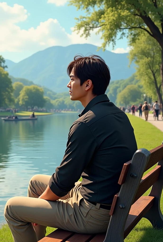 (photorealism:1.2), White guy, dark brown semi long hair, black shirt, beige pants, sitting on a bench, looking out over a lake, people walking by, people on bikes, realistic photo.