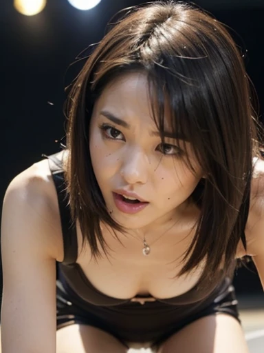 (masterpiece:1.2), (Highest quality), (Visible everywhere:1.3) ,(Very detailed), (8k, Complex), (Lens 135mm,1 1 1.8), (Realistic)(Black background:1.3), Portrait Photography, Side lighting,Edge lights up,Best Shadow,Area light source,Perfect Anatomy,perfect face shape,Best for women,Best Female Body,Improves skin texture,Fine fabric pattern,Precise beauty,Delicate and delicate skin，Very detailed肌，Pale skin，Delicate hair，Glowing Skin，Very detailed顔と肌の質感, Glowing Skin, Sharp details, 超Realistic, Fine and beautiful skin, 1 female, 30 years old, Japanese women, (thin：Weight 1.0), Small breasts:1.3, ((Medium Hair, Straight hair, Straight hair, bangs:1.3, Brown Hair))，Pervert woman, (Office Uniforms, ofiice suits, White blouse, Tight mini skirt, Nipples, Nipples), (((Cowgirl))), The buttoned up shirt flutters), necklace, (((Frowning、Open your mouth、Squint your eyes))), (((From below:1.5, Looking at the audience:1.3))), throw, Female dog, Browsing Caution,